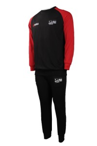 WTV150 網上下單秋冬款運動套裝 製作男裝運動套裝 水球 熱身隊衫 香港 設計運動套裝製衣廠      黑色衣服撞色紅色黑色褲子